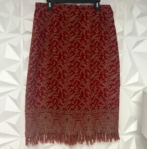 Nouveaux Women’s Size 16 Burgundy/Gold Paisley Long Lined Fringe Skirt